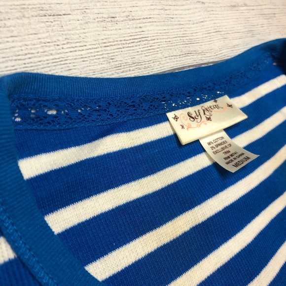 Original Self Esteem 🦋 Sticker on VTG Sz M Blue White Stripe Waffle Henley - Picture 9 of 9